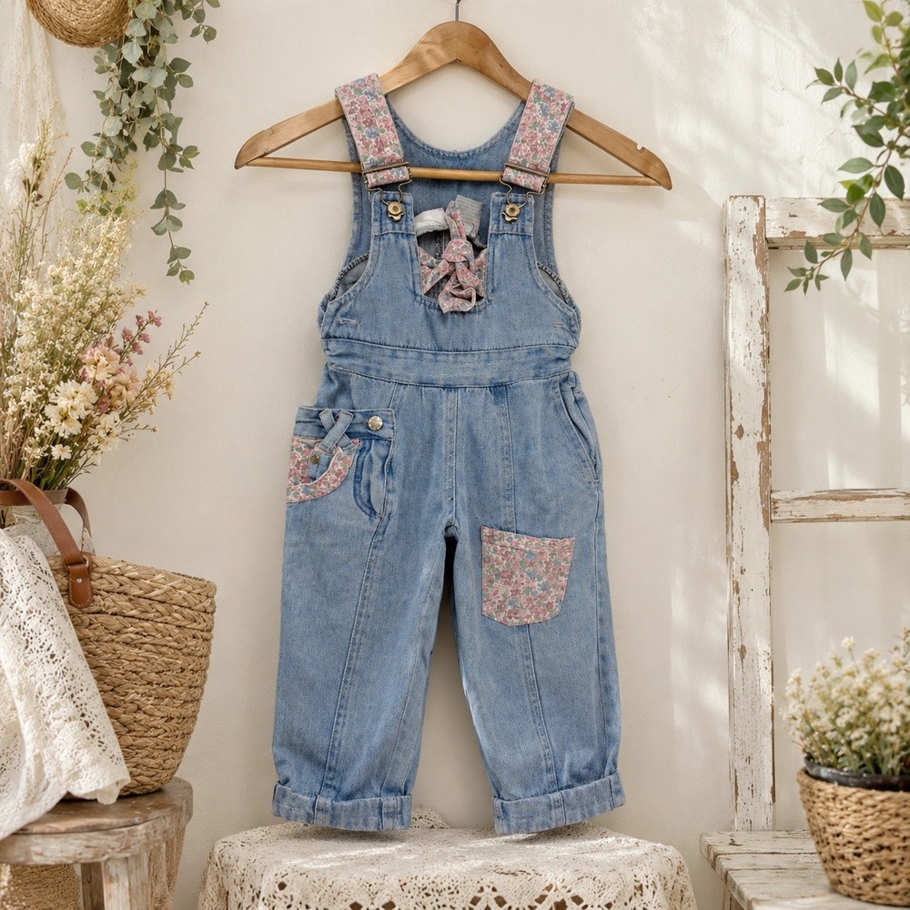 Vintage Bugle Boy Kids Floral Denim Overalls Light Wash Cotton Bibs Size 2T